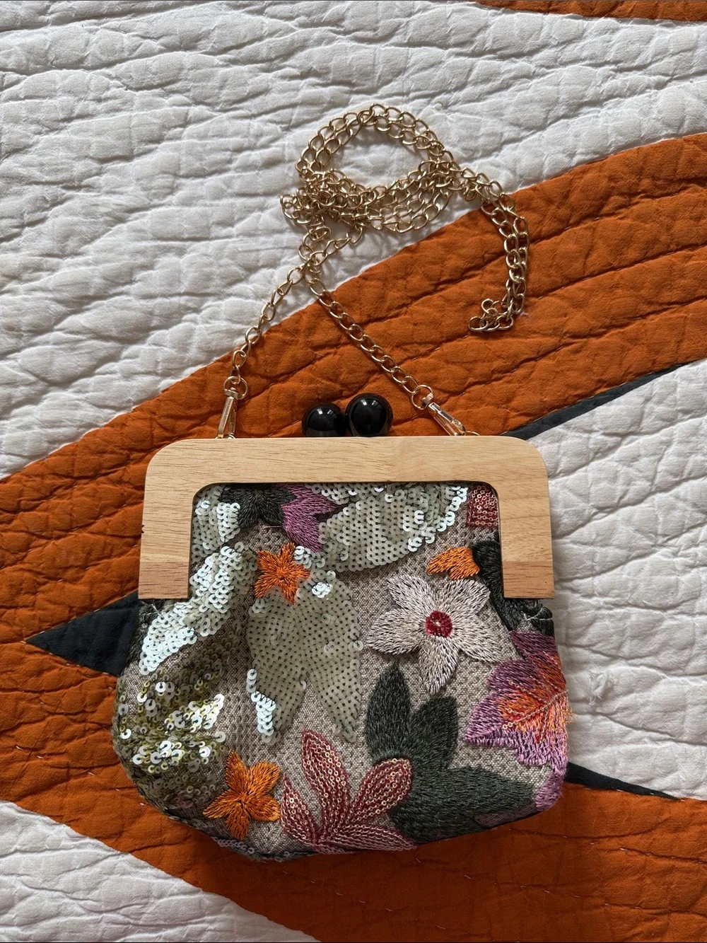 Embroidered Floral Sequin Crossbody Bag with Wood Frame - Multicolor
